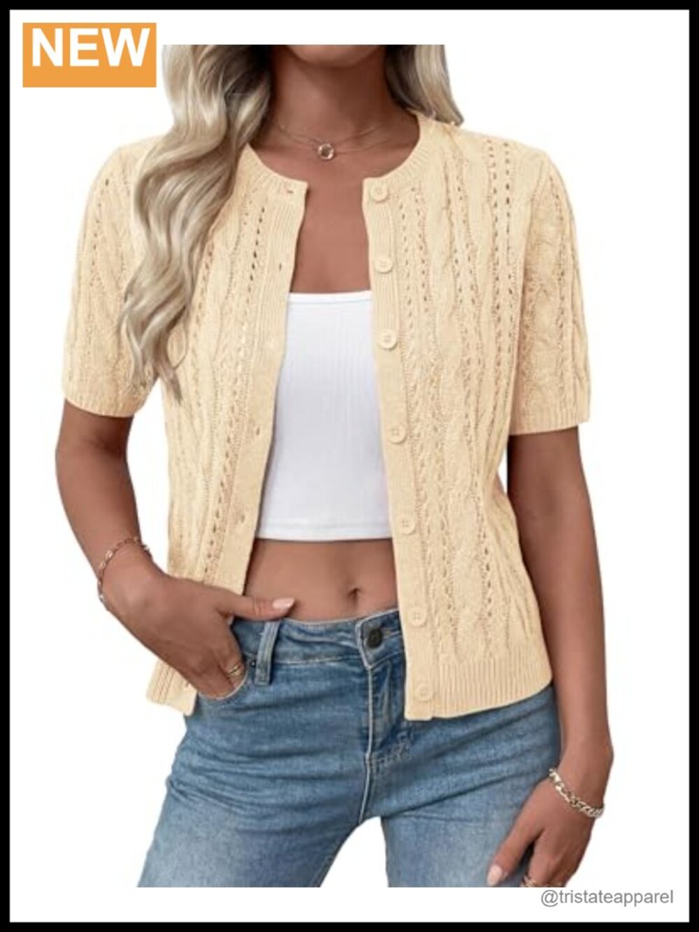 Women's Cable Knit Crochet Cardigan Short Sleeve Button Summer Beach Top